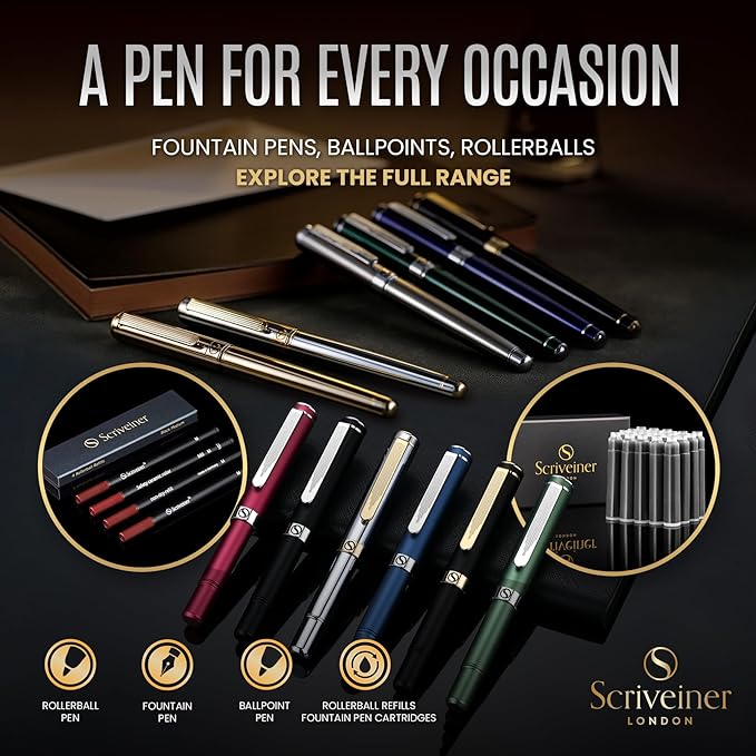 Scriveiner Personalized Luxury EDC Fountain Pen (Medium), Stunning Matt Blue Pocket Pen, Chrome Finish, Schmidt German Nib, Best Engraved Fountain Pen Gift Set for Men & Women, Name Engraving