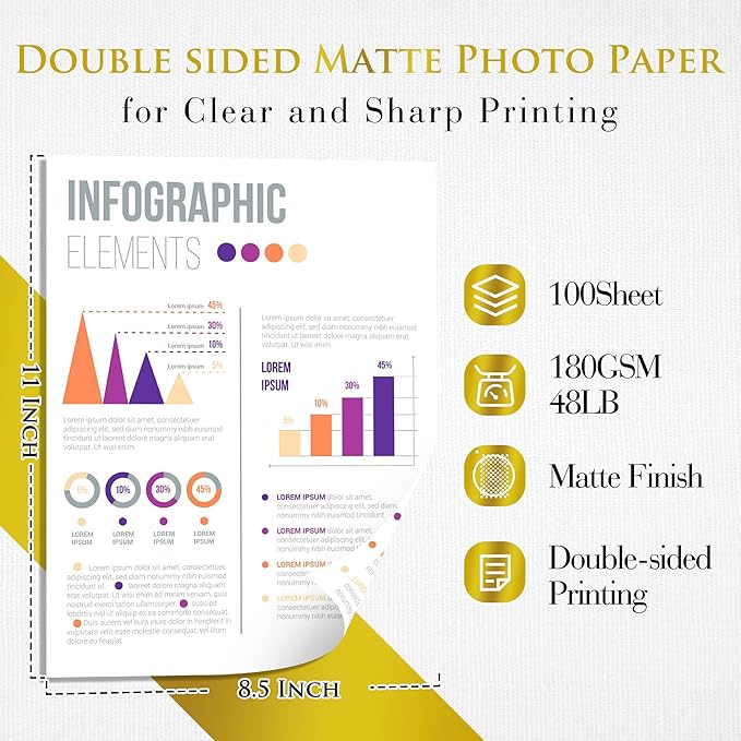 A-SUB Double Sided Matte Photo Paper 100 Sheets 8.5X11 Inches 48lb 180gsm Presentation Paper for Inkjet Printers for Reports Charts Printing