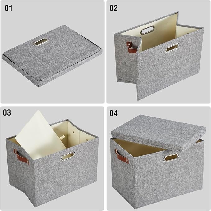 Roobyl 17" Large Collapsible Storage Bins with Lids, Stackable Closet Organizers with PU Handle and Labels, 3-Pack Decorative Fabric Storage Boxes for Home, Bedroom, Closet, Office, Nursery(Gray)