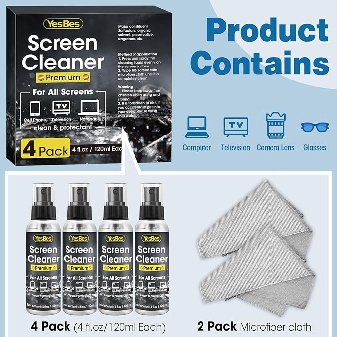 Screen Cleaner Spray 16oz (4oz x 4 Pack) - TV Screen Cleaner Spray and 2 Microfiber Cloths, Computer Screen Cleaner & Car Screen Cleaner for TV, Monitor, Laptop, MacBook, iPad