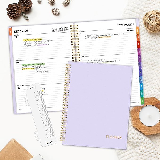 SUNEE 2026 Weekly and Monthly Planner - from January 2026 - December 2026, Daily Agenda Planner with Monthly Tab, Flexible Cover, Note Pages, Pockets, Bookmark, Spiral Binding, Purple, 8.5"x11"