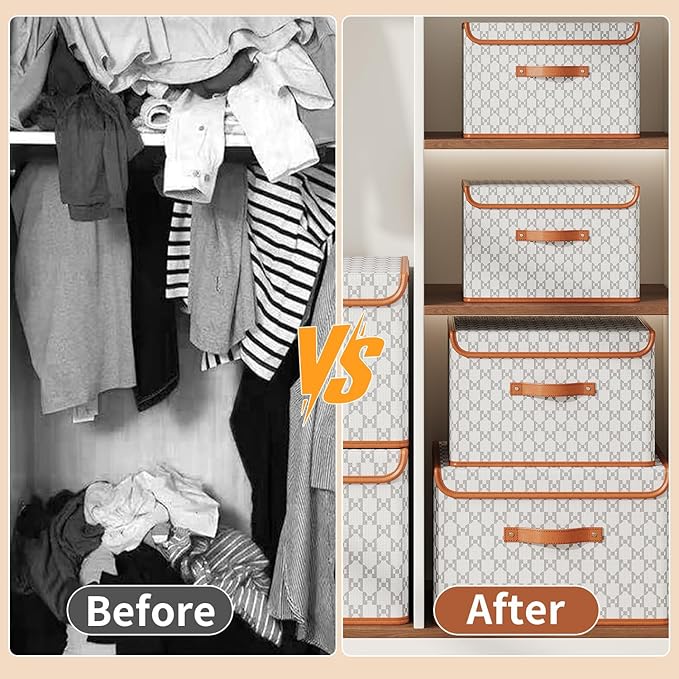 Tuza 4 Pack Fabric Storage Bins with Lids, Collapsible Closet Organizer Container, Decorative Storage Boxes with Lids for Organizing Clothes, Blanket, Grey & White, Large