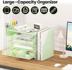 OPNICE Desk Organizer, 5-Tier Paper File Organizer with Drawer & Pen Holder, Office Desk Accessories, Workspace Desktop Organizer for Office Supplies(Green)
