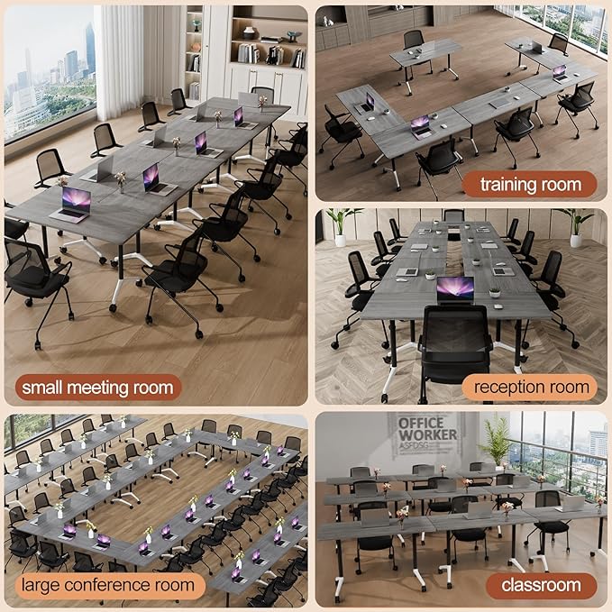 Folding Conference Table 4ft 5ft, Foldable Office Meeting Desk for 6 People, Multiple Sizes Colors Mobile Conference Room Table for Training Room School Business Furniture (6, Grey, 55in)