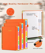 Hardcover Spiral Notebook journal with Removable Dividers Tabs, 300 Pages Leather 5 Subject Notebook College Ruled, 100GMS Notebooks for Work School Note taking,Lined Journal for Women,A5 Orange