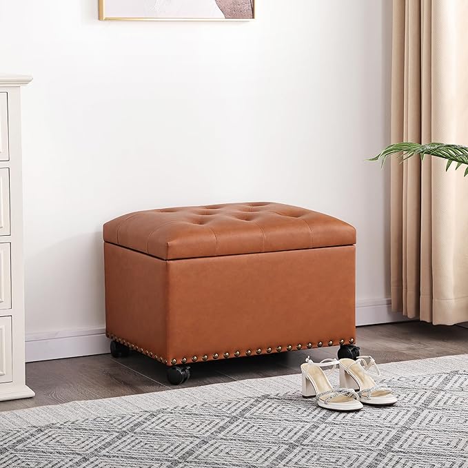 Decent Home 24" Square Ottomans with Storage, Leather Ottoman with Storage with Lockable Wheels and Hight Loading, Foot Stool Ottoman with Wheels for Makeup Room, Dorms and Apartments (Orange Brown)