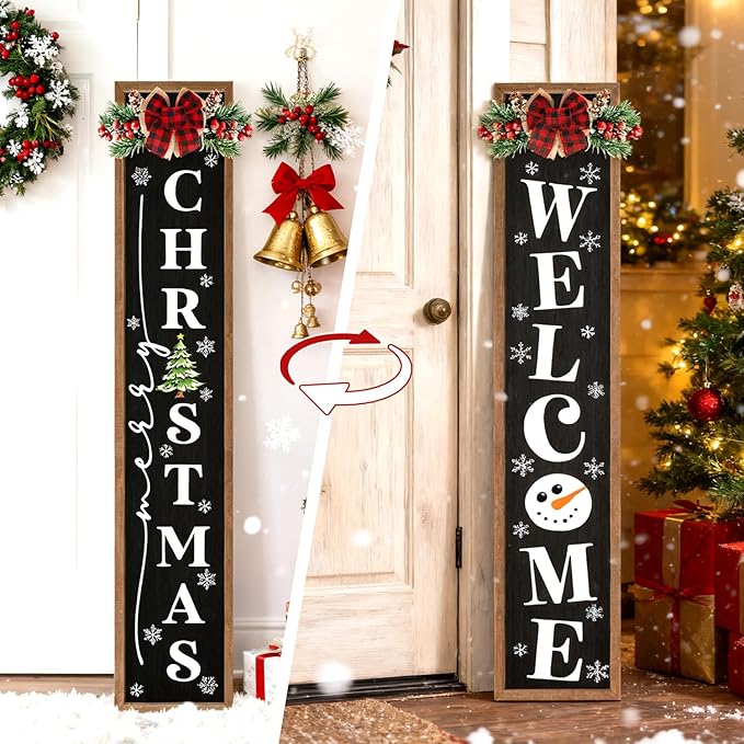 Double-sided Merry Christmas Wooden Sign Stand with Magnetic-adhesive Wreath for Front Door, 47" Farmhouse Vertical Snowman Welcome Porch Sign, 2in1 Tall Xmas Porch Leaner Decor