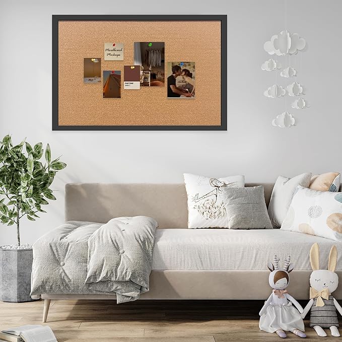 Yunihome Cork Bulletin Board, 48x31.5 Inches Hanging Cork Board Wooden Framed with Pins for Wall, Dorm Room, Office, Home Decor – Natural Cork & Black Frame