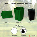 Sturdy Essentials Campus Collection 32 Gallon Square Slatted 100% Recycled Plastic Heavy-Duty Commercial Outdoor or Indoor Trash Can with Push Top Lid | Great for Schools and Businesses - Green