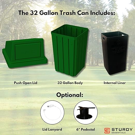 Sturdy Essentials Campus Collection 32 Gallon Square Slatted 100% Recycled Plastic Heavy-Duty Commercial Outdoor or Indoor Trash Can with Push Top Lid | Great for Schools and Businesses - Green
