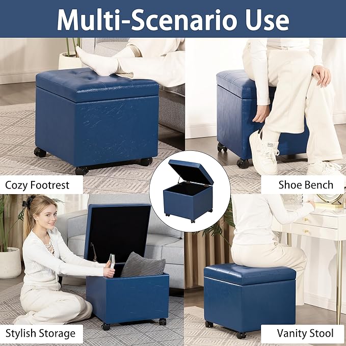 Homebeez Faux Leather Storage Ottoman with Steerable Rolling Wheels, 17.7" Square Small Foot Rest Stool Tufted Cube Footstool with Hinged Lid, Load 300 lb, for Living Room, Bedroom, Entryway, Blue
