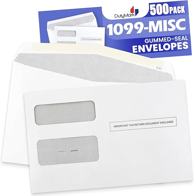 500 1099 MISC Tax Envelopes, Designed for 1099 income Misc, 1099-R, DIV, INT Tax Forms For Quickbooks or Tax Software, Double-Window Security Envelope 5 5/8 x 9, Gummed Seal, Box of 500 Envelopes
