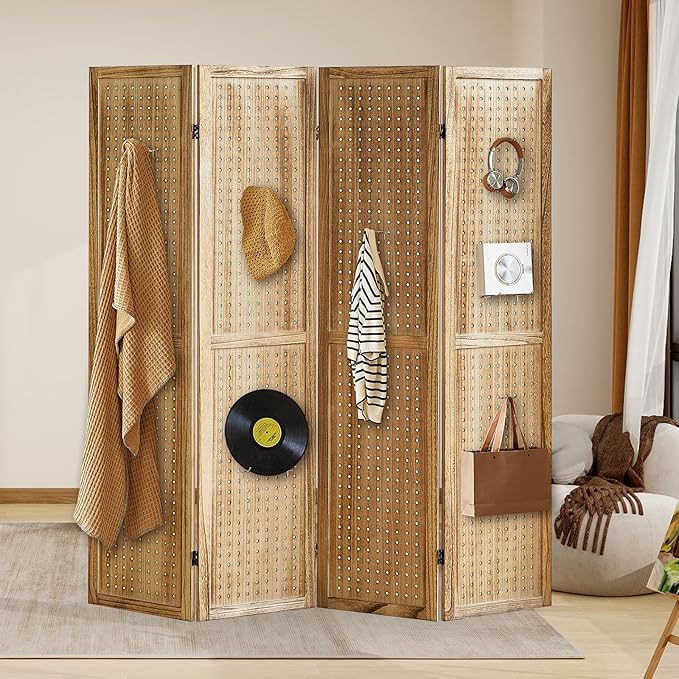 Aleesing 4 Panel Pegboard Display with 16 Hooks, Wooden Room Divider Wall and Folding Privacy Screens, Partition Room dividers, Pegboard Room Divider, Jewelry Store, Bedroom, Balcony, Light Brown