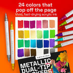 ARTISTRO 24 Metallic Acrylic Paint Markers - Paint Pens Dual Tip Brush + Fine Ideal for Calligraphy - Perfect for Fabric, Rock, Glass, Wood, DIY - Art Supplies, Stocking Stuffers, Christmas Gift Idea