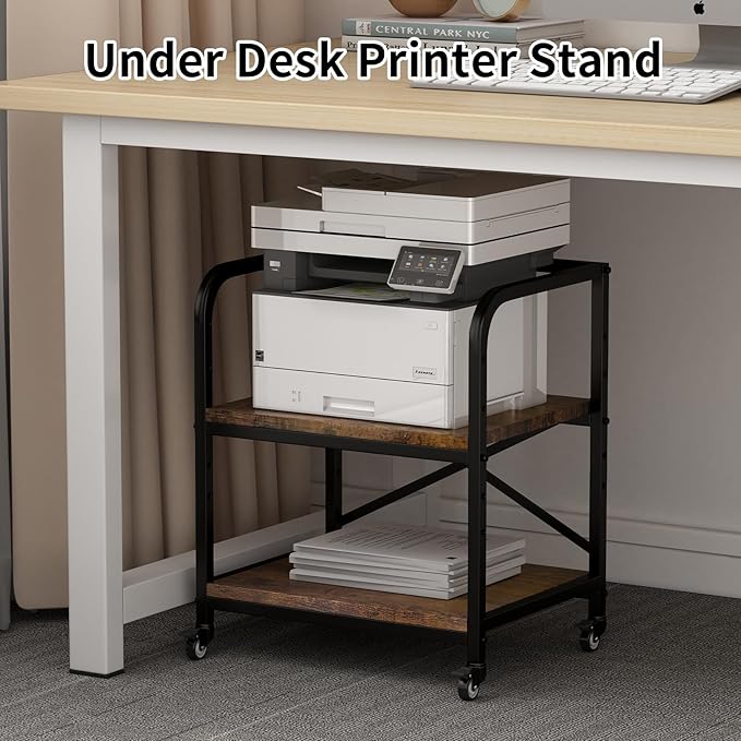 Vokumba 2 Tier Under Desk Printer Stand, Large Printer Table with Height Adjustable Shelf, Rolling Printer Cart with Industrial Wheels for Home Office, Scanner Fax (Rustic Brown)
