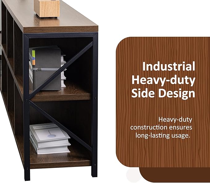 VAKATRELL 8 Cube Storage Organizer Bookshelf, Industrial Horizontal Bookcase, Accent Cubby Shelf, Media Console Table for Living Room, Home Office, 13.6" D x 63" W x 30.9" H, Brown Walnut