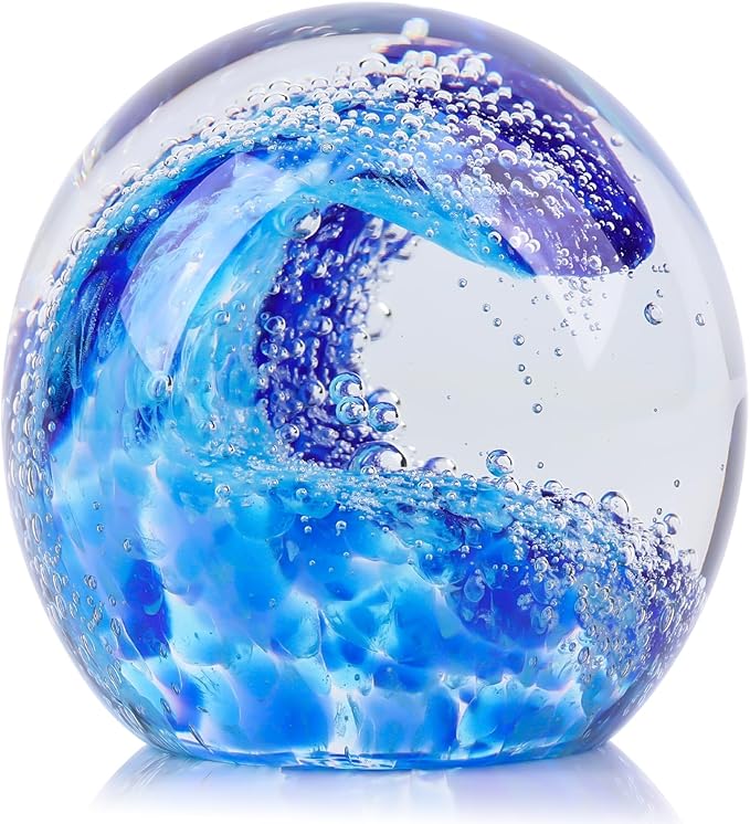LCCCK Hand Blown Glass Ocean Waves Glass Ball Beach Office Decor, Blue Glass Paperweight Ideal Beach Decorations for Home, Suitability Seaside Villa Aquarium Ocean Lover's Gift