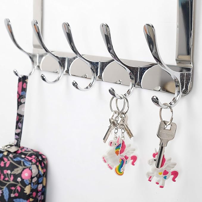 SKOLOO Over The Door Hook, Door Hanger Hooks for Hanging Clothes, Towels, Coats, Hats, Over The Door Towel Hook - Pack of 2, Silver, Assembly Required
