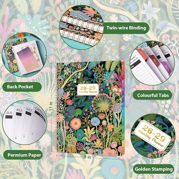 2026-2029 Monthly Planner - 3 Year Planner 2026-2029, Jul. 2026 - Jun. 2029, 9" x 11", 3 Year Calendar Planner 26-29, 36 Monthly Calendar with Tabs, Notes Pages, Inner Pocket - Tropical Plants