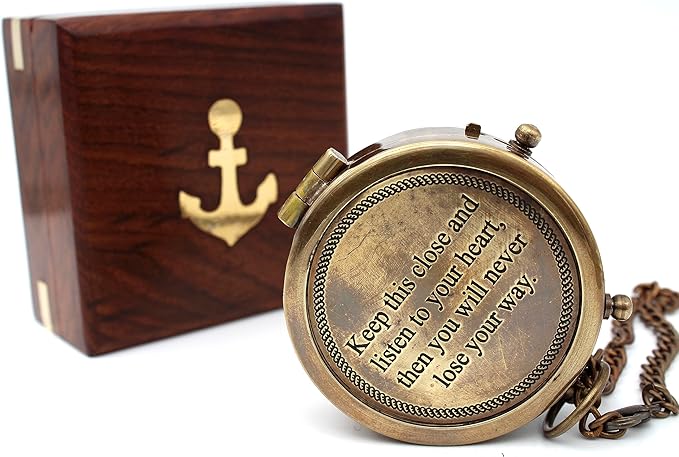 US HANDICRAFTS Listen to Your Heart Engraved Brass Compass | Portable Sentimental Son Birthday, Graduation, Confirmation Gift | Pocket Compass with Wooden Case with Case