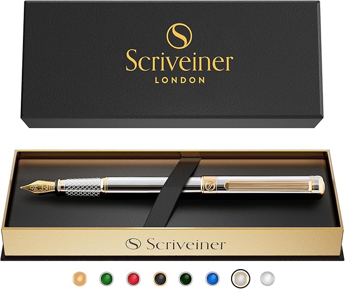 Scriveiner Silver Chrome Fountain Pen - Stunning Luxury Pen, Real Gold Finish Schmidt Gilded Nib (Medium), Best Pen Gift Set for Men & Women, Professional, Executive Office, Nice Pens