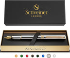 Scriveiner Silver Chrome Fountain Pen - Stunning Luxury Pen, Real Gold Finish, Schmidt Gilded Nib (Fine), Best Gift Set for Men & Women Professional Executive Office Fancy Nice Designer Pen