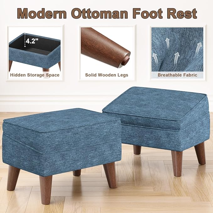 FAGAGA Small Footstool Ottoman with Storage, Ottoman Foot Rest, Modern Foot Stool with Adjustable Lid and Sturdy Wood Legs for Living Room, Bedroom, Couch, Enterway, Blue
