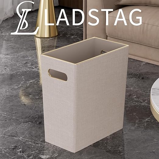 Beige White Trash Can Waste basket,3/4 Gallon Office Pu Leather Wastebasket with Gold-Tone Edging Decoration for Bathroom, Garbage Cans for Toilet Bedroom Living Room, Office home modern decor