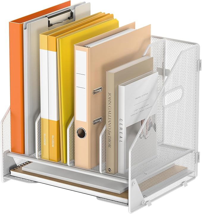 OrgMate Desk File Folder Holder Organizer-4 Vertical Compartments Racks and Paper Letter Tray,Mesh Magazine File Holder Sorter,Desktop Accessories & Workspace Organizers for Home,Office,School-White