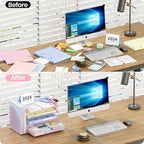OPNICE Desk Organizer, 4-Tier Desktop File Organizer with Drawer and 2 Pen Holders, Office Desk Accessories, File Sorters, Workspace Organizers for Office Supplies(Pink)