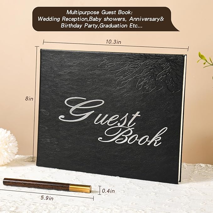 Black Leather Wedding Guest Book,Polaroid Guest Book for Vacation Home,Wedding Reception,Funeral,Party,Memorial Service,10.3x8'' Embossed Silver Guestbook,House Visitor Guest Sign in Book with Pen