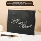 Black Leather Wedding Guest Book,Polaroid Guest Book for Vacation Home,Wedding Reception,Funeral,Party,Memorial Service,10.3x8'' Embossed Silver Guestbook,House Visitor Guest Sign in Book with Pen