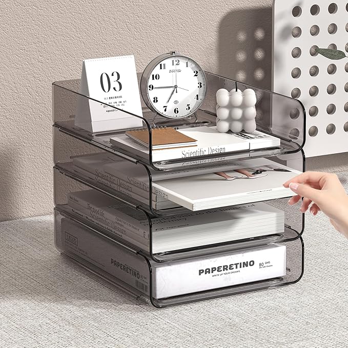 FANXIYQ Clear Paper Organizer - Brown Acrylic Stackable Paper Tray for Desk, 4-Tier Letter Tray Organizer with Smooth Edges and Rounded Corners