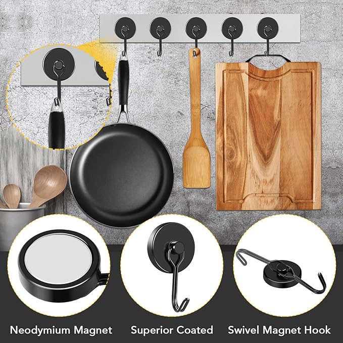 MIKEDE Strong Magnetic Hooks, 120LB Swivel Magnetic Hooks Cruise, Black Neodymium Magnet Hooks Heavy Duty for Hanging, Grill, Cruise Cabins, Refrigerator, Grill, Kitchen, Locker - Pack of 12