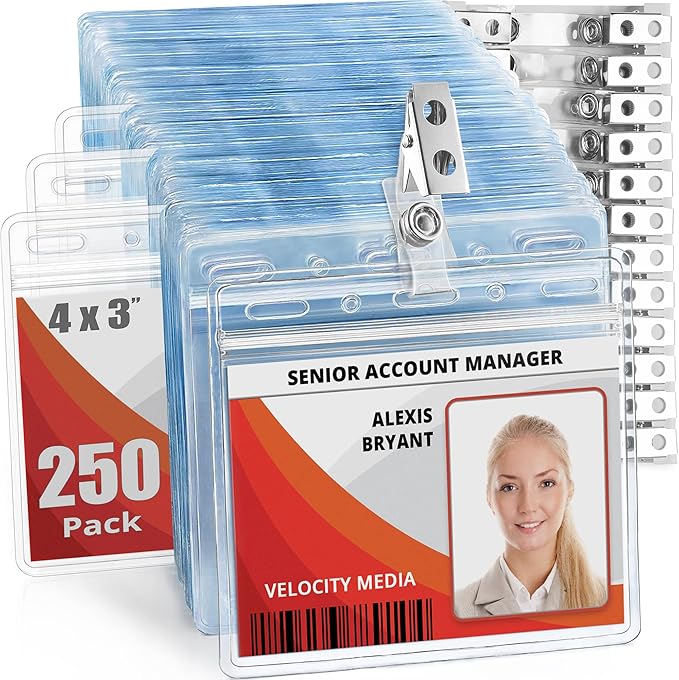 Mifflin-USA Horizontal Card Protector with Metal Clip and Vinyl Straps (Clear, 4x3 Inch, 250 Pack), Waterproof PVC ID Name Badge Holder with Clip