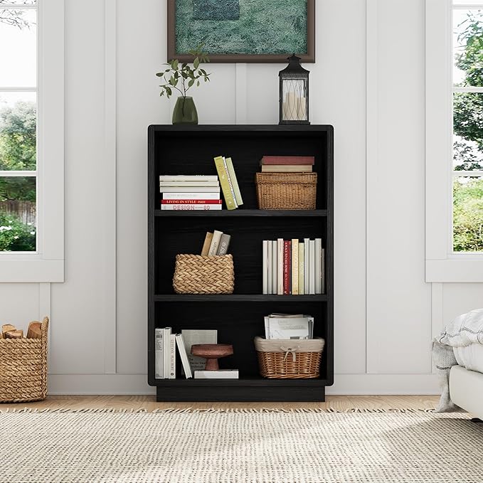 ChooChoo 3-Tier Bookcase, Wooden Bookshelf, Farmhouse Bookshelf with Open Storage, Tall Bookcase for Bedroom and Home Office, Black