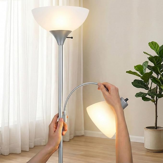 Brightech Sky Dome Plus LED Floor lamp, Torchiere Super Bright Floor Lamp with Reading Lamp for Living Rooms & Offices - Dimmable Tall Standing Lamp for Bedroom Reading - Silver
