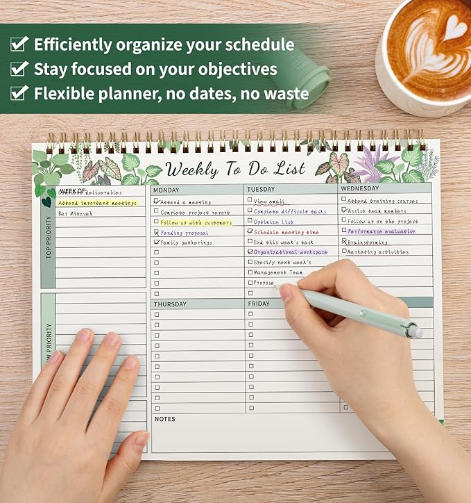 104 Pgs Weekly To Do List Notepad, 52 Duplex-Printed Undated Sheets 100 GSM（8.5"×11") Weekly Desk Planner For Work Home School Office Desk Accessories Supplies & Goal Setting Tasks - Green Foliage