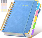 Hardcover Spiral Notebook journal with Removable Dividers Tabs, 300 Pages Leather 5 Subject Notebook College Ruled, 100GMS Notebooks for Work School Note taking,Lined Journal for Women,A5 Light Blue