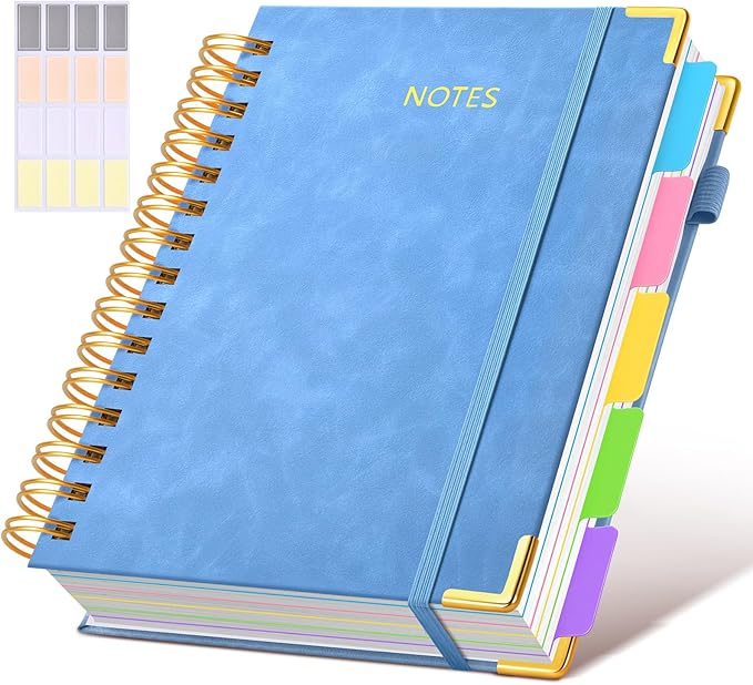 Hardcover Spiral Notebook journal with Removable Dividers Tabs, 300 Pages Leather 5 Subject Notebook College Ruled, 100GMS Notebooks for Work School Note taking,Lined Journal for Women,A5 Light Blue
