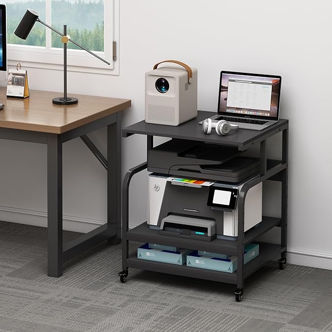 Fannova 25.6" x 23.6" Extra Large Printer Stand Table with Adjustable Storage Shelf, 3 Tier Rolling Printer Cart with Industrial Wheels for Home Office, Black
