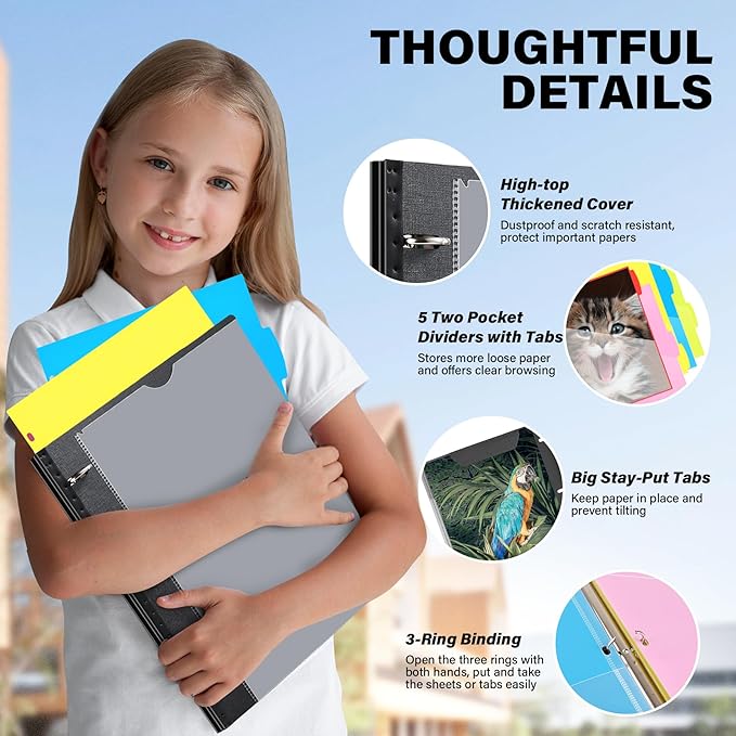 WOT I Telescoping Project Organizer 2-Pack, Refillable 3 Ring Binder with Dividers and Pockets, 13 Pocket Folders, 1 Inch 3 Rings, Black
