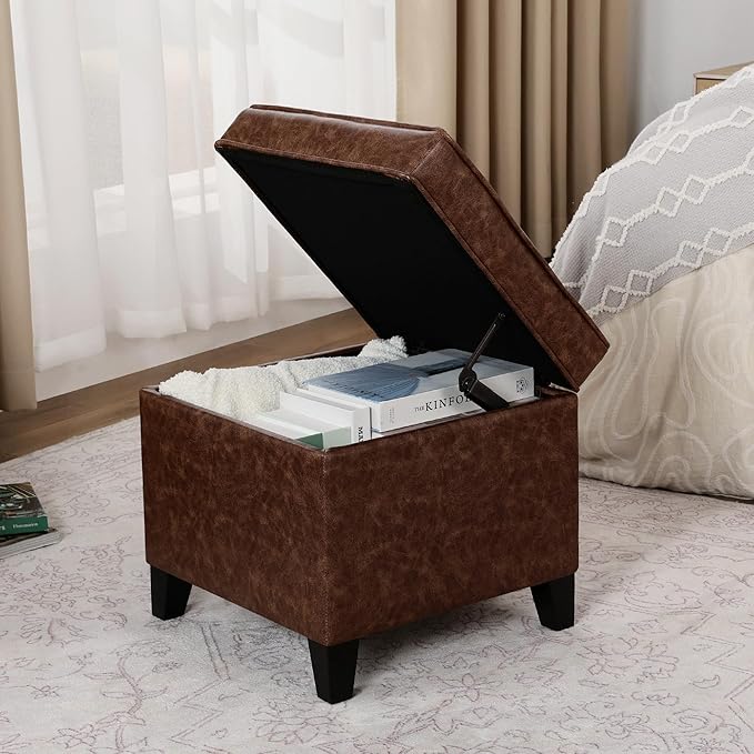 Adeco 17" Storage Ottoman Foot Rest Stool, Dark Brown Leather Ottoman with Black Solid Wood Legs and Hinged Lid, Small Foot Stool for Living Room, Bedroom