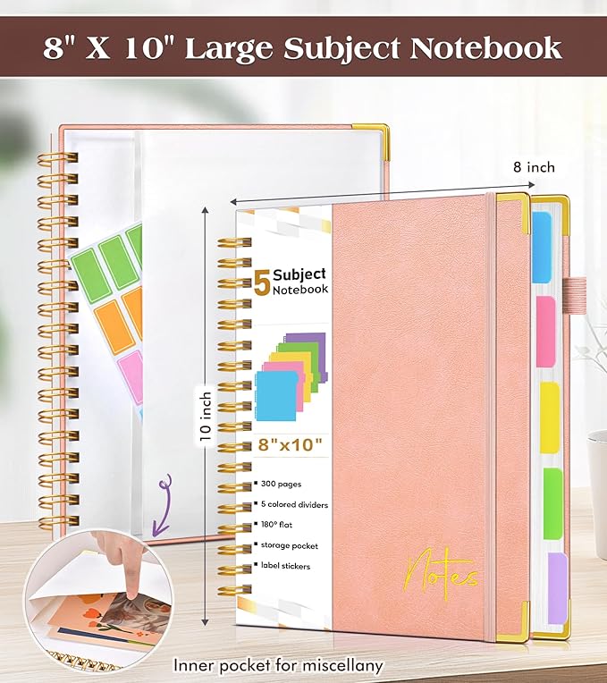 Spiral Notebook Journal with Removable Dividers Tabs, 300 Pages Hardcover Leather 5 Subject College Ruled Notebook, 8"x10" Large B5 Lined Journal for Women Men, Spiral Notebooks for Work School, Pink
