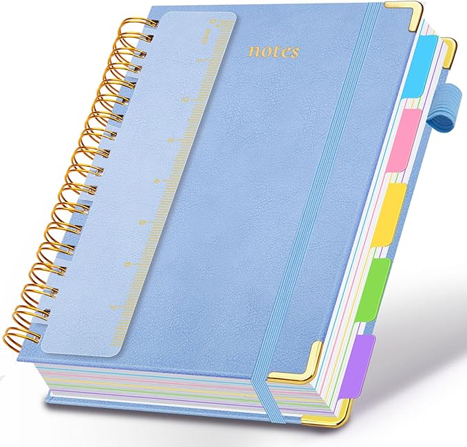 Hardcover Spiral Notebook 6.2"x 8.2" Journal Notebook with Tabs and Removable Dividers 300 Pages 5 Subject Notebook College Ruled, Faux Leather Spiral Bound Notebook for Women School Work(Lake Blue)