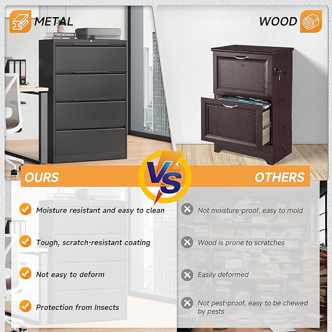 Bestoo 4-Drawer File Cabinet with Lock, Metal Filing Cabinet for Home Office, Lateral Filing Storage Cabinets, Fits File Folders, Letter/Legal/F4/A4 Sizes, Assembly Required (Black)