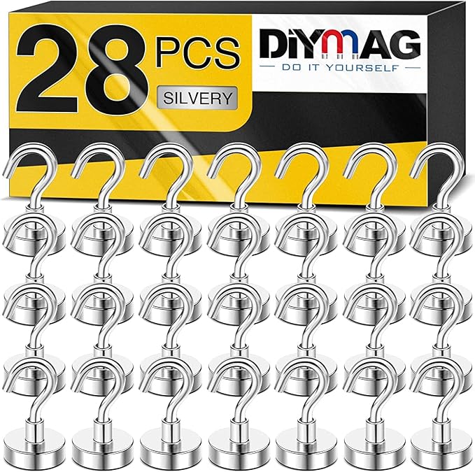 DIYMAG Magnetic Hooks for Hanging Cubicle Accessories, 30lbs 2026 Cruise Cabin Ship Essentials N52 Magnetic Hook Heavy Duty Strong Magnets Fridge for Classroom Beach Kitchen Grills 28 Pack Silver