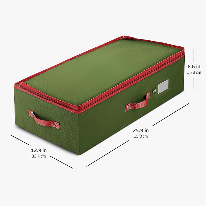 ZOBER Underbed Christmas Ornament Storage Box - Stores 64 3" Ornaments, With Dividers - Tear Proof 600D Oxford Fabric, Ornament Organizer Storage Box, Durable Christmas Containers Holder - Green