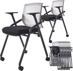 BLANEDUO, 10 Pack Foldable Office Chair with PU Wheels and Sliding Armrest-Ergonomic Mesh Bouncing Back, Stackable Conference Room Chair, Office Guest & Reception & Meeting Chair (Black)