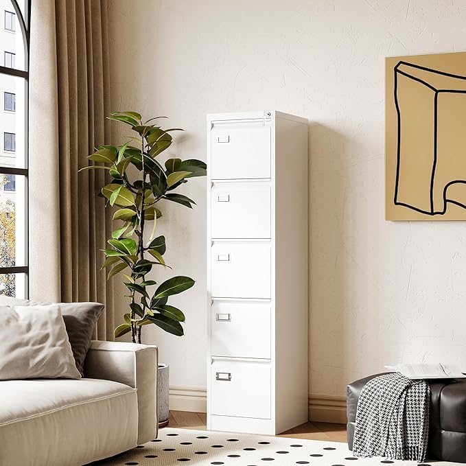 Fesbos File Cabinets - 5 Drawers Vertical 17.8" Deep Lockable Filing Cabinet - White Metal Storage Cabinets for Home Office to Hanging Files Letter/Legal/F4/A4 Size